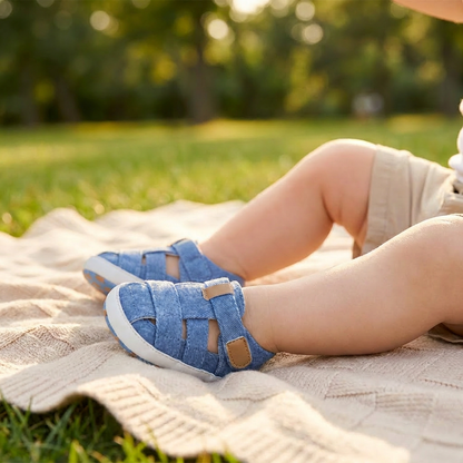 A baby wearing blue soft sole canvas sandals sitting outdoors on a blanket in the grass.
