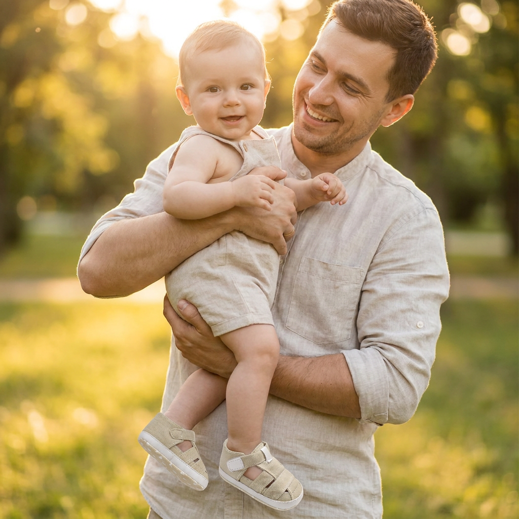 A smiling father holding his baby outdoors, with the baby wearing tan canvas summer first walker sandals.