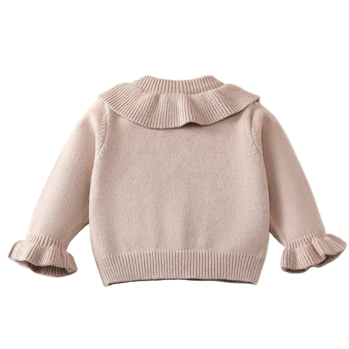 Close-up of the delicate flared ruffle sleeve cuffs on the taupe knit baby cardigan sweater.