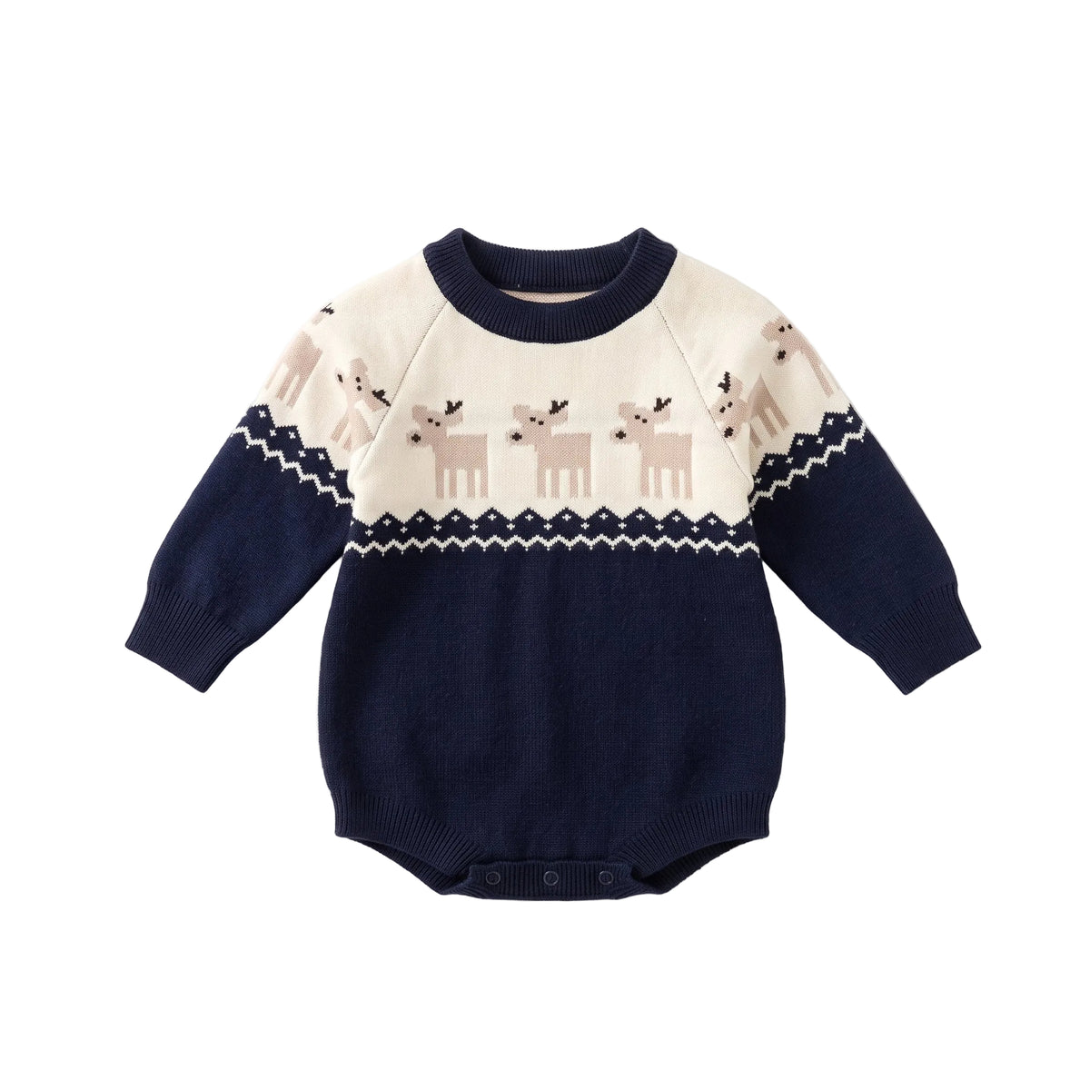 Flat lay of a navy blue and white baby Christmas knit romper featuring a reindeer pattern and long sleeves.