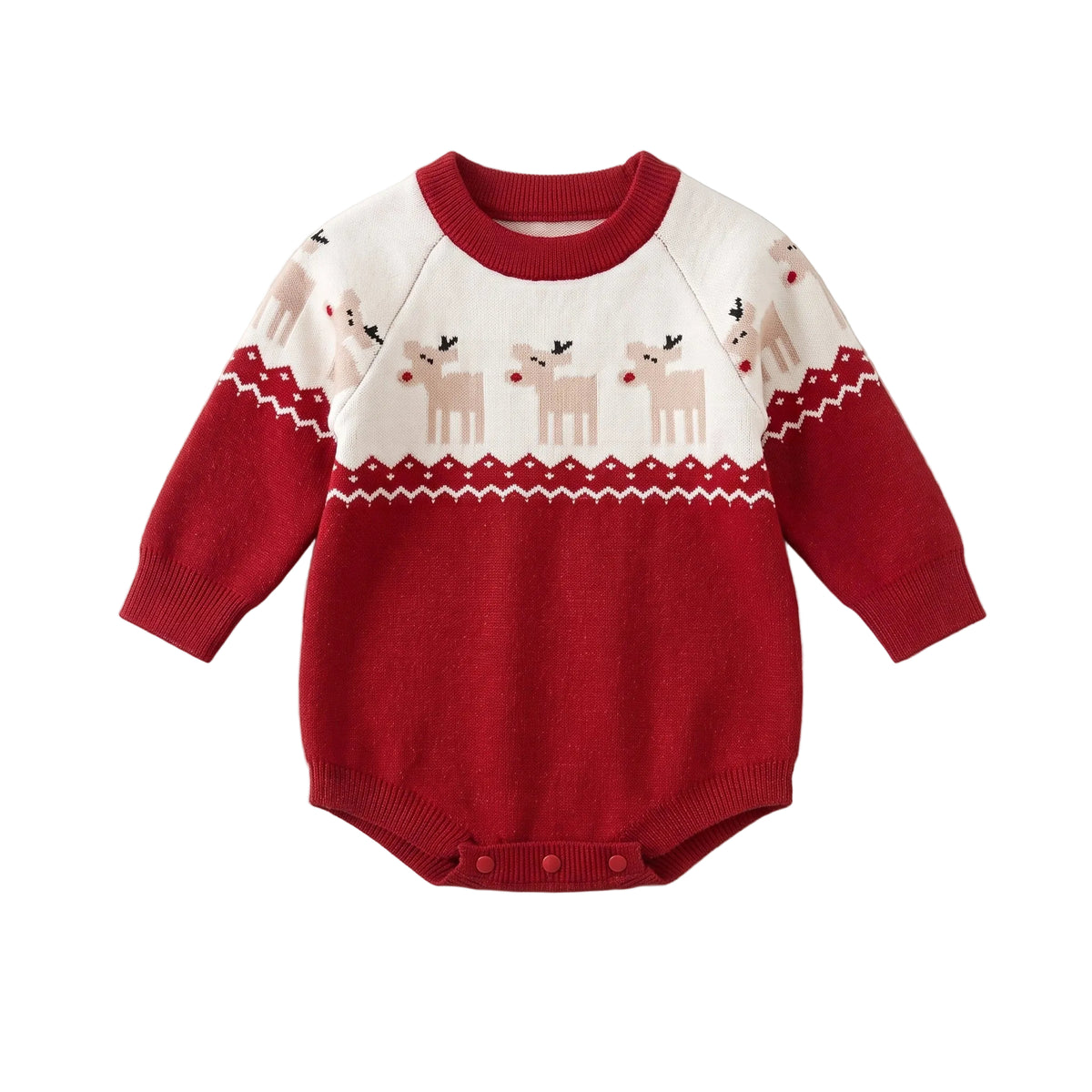 Flat lay of a red and white baby Christmas knit romper featuring a reindeer pattern and long sleeves.