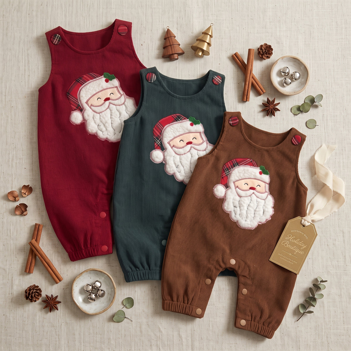 Flat lay display of red, dark green, and brown baby Santa Claus corduroy overalls with embroidered Santa applique.