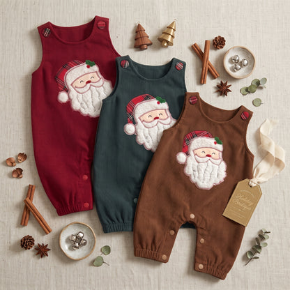 Flat lay display of red, dark green, and brown baby Santa Claus corduroy overalls with embroidered Santa applique.