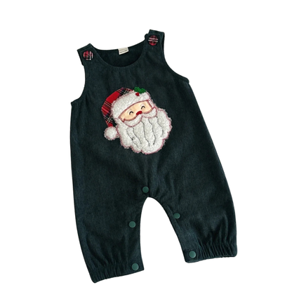 Dark green infant corduroy overalls featuring an embroidered Santa Claus graphic and bottom snap closures for baby's first Christmas outfit.