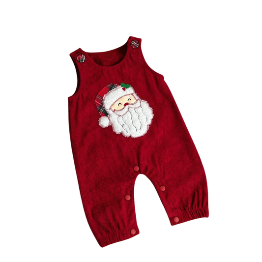 Festive red infant corduroy Christmas overalls with embroidered Santa Claus face on the chest.