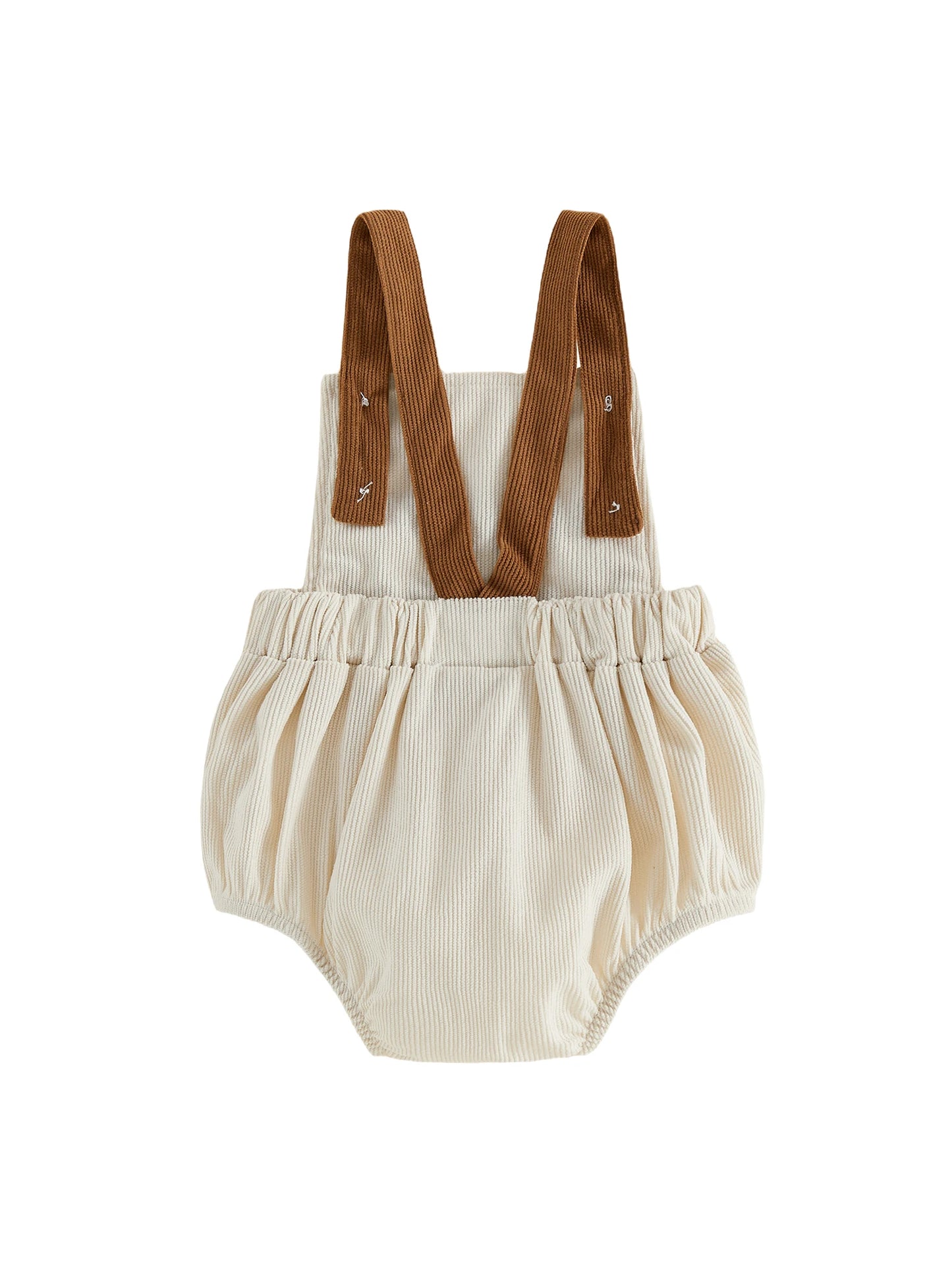 Back view of the infant bubble romper showing the cross-back style brown ribbed straps and the gathered elastic waist design.