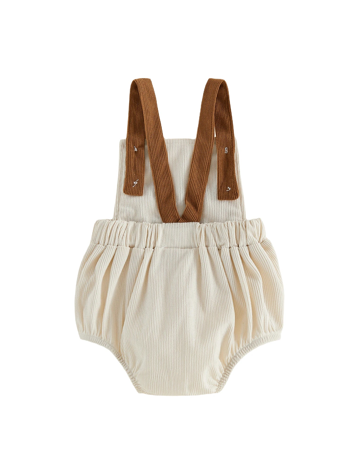 Back view of the infant bubble romper showing the cross-back style brown ribbed straps and the gathered elastic waist design.