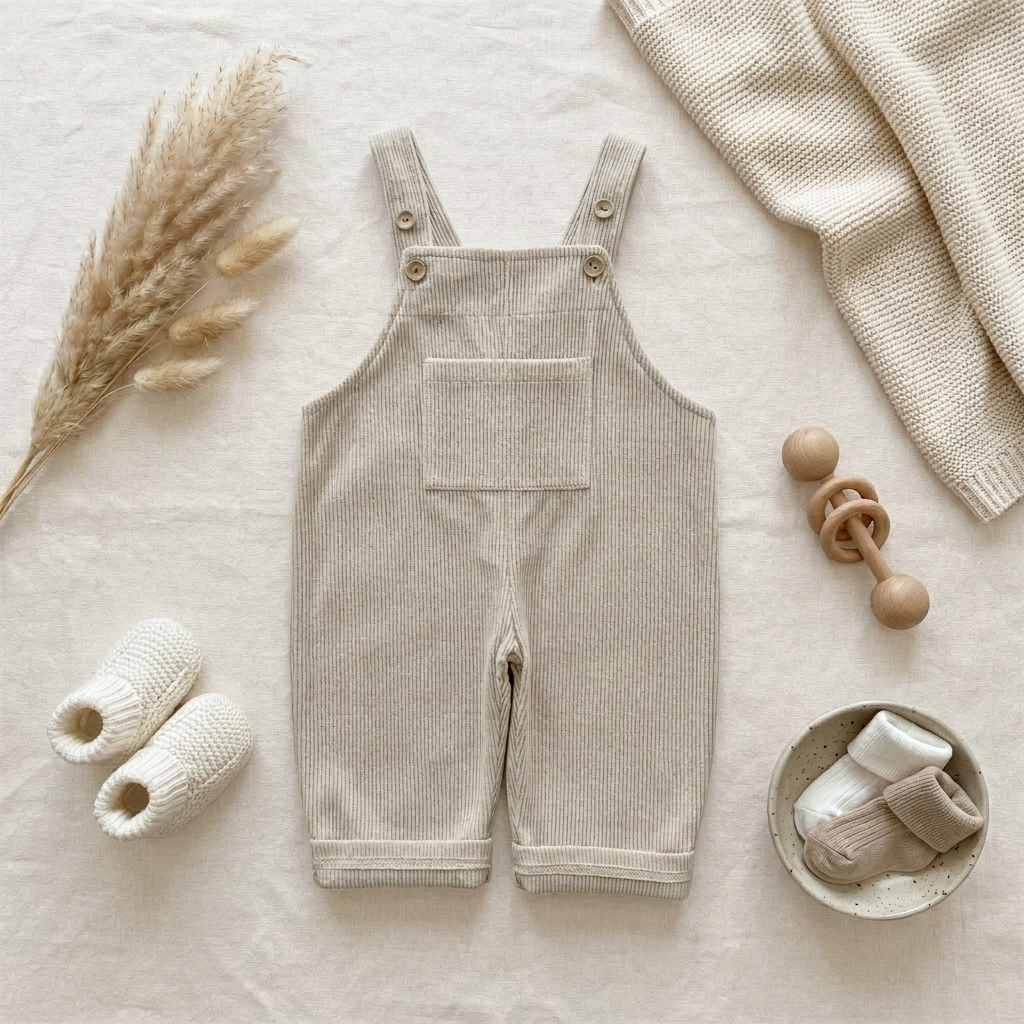 Flat lay of Kidsely beige ribbed corduroy baby overalls styled with white baby shoes, a wooden teething toy, and neutral decor.