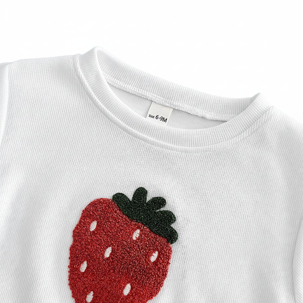 Close-up of the O-neck collar and the textured, 3D embroidered red strawberry patch on the white combed cotton baby pullover shirt.