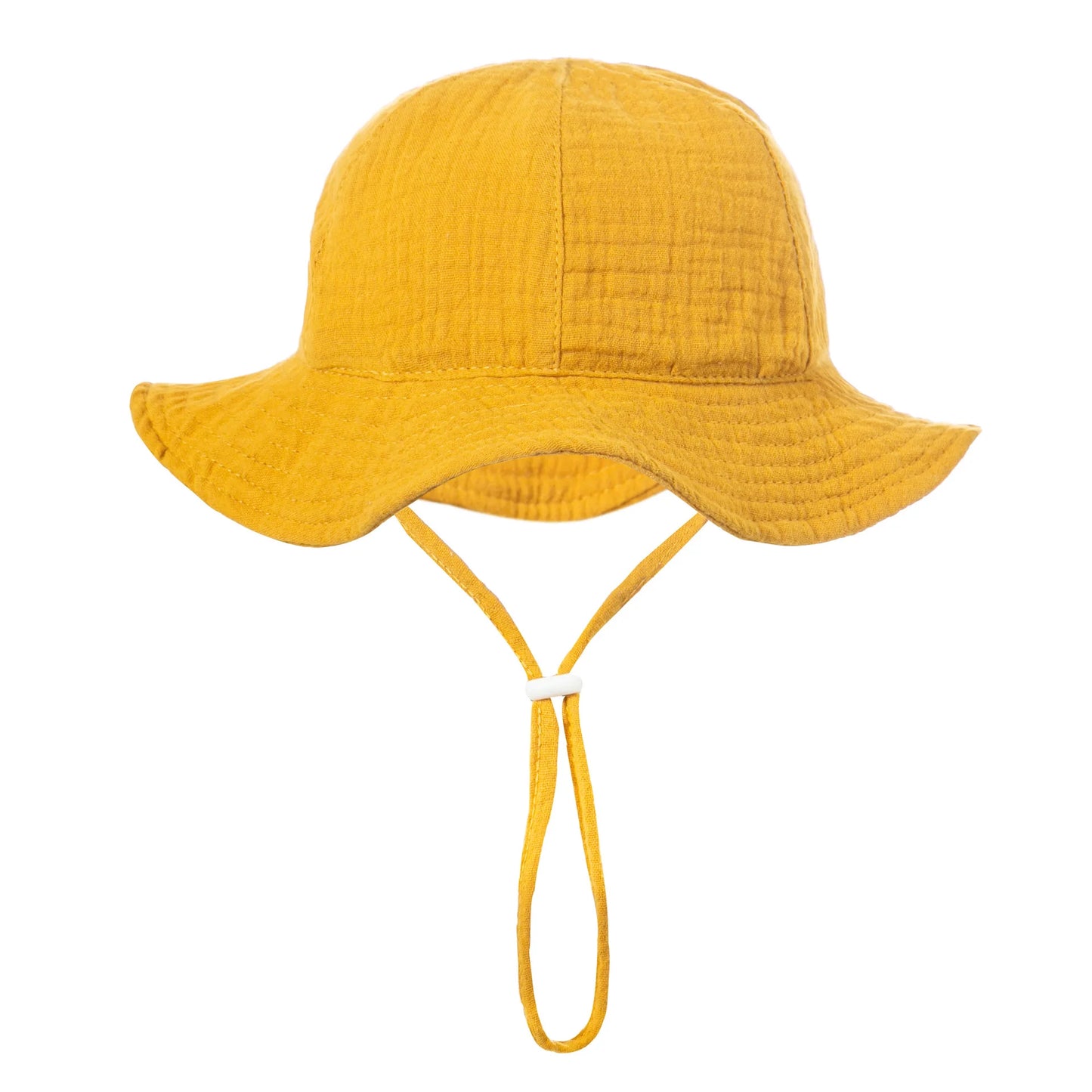 Bright gold or mustard yellow ultralight cotton baby sun hat with chin strap.