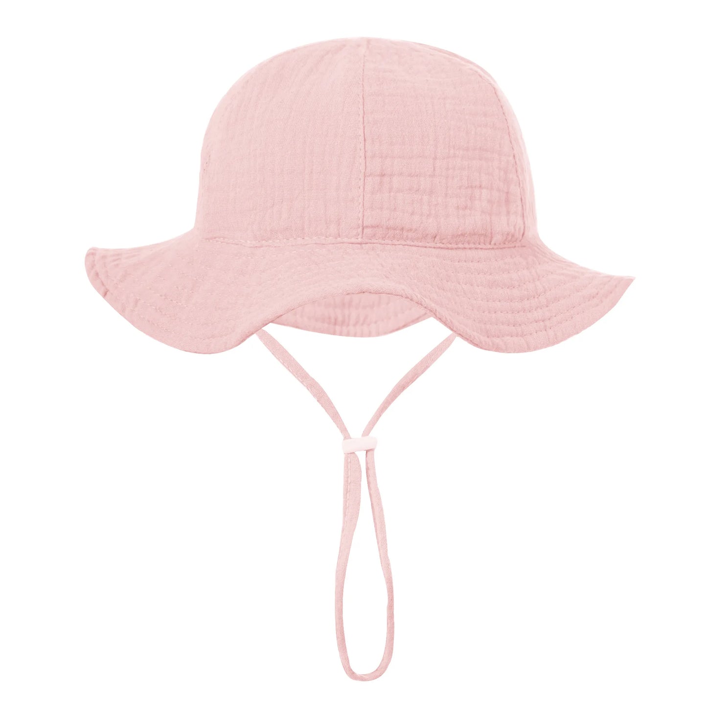 Soft light pink wide brim sun protection bucket hat for baby girls.