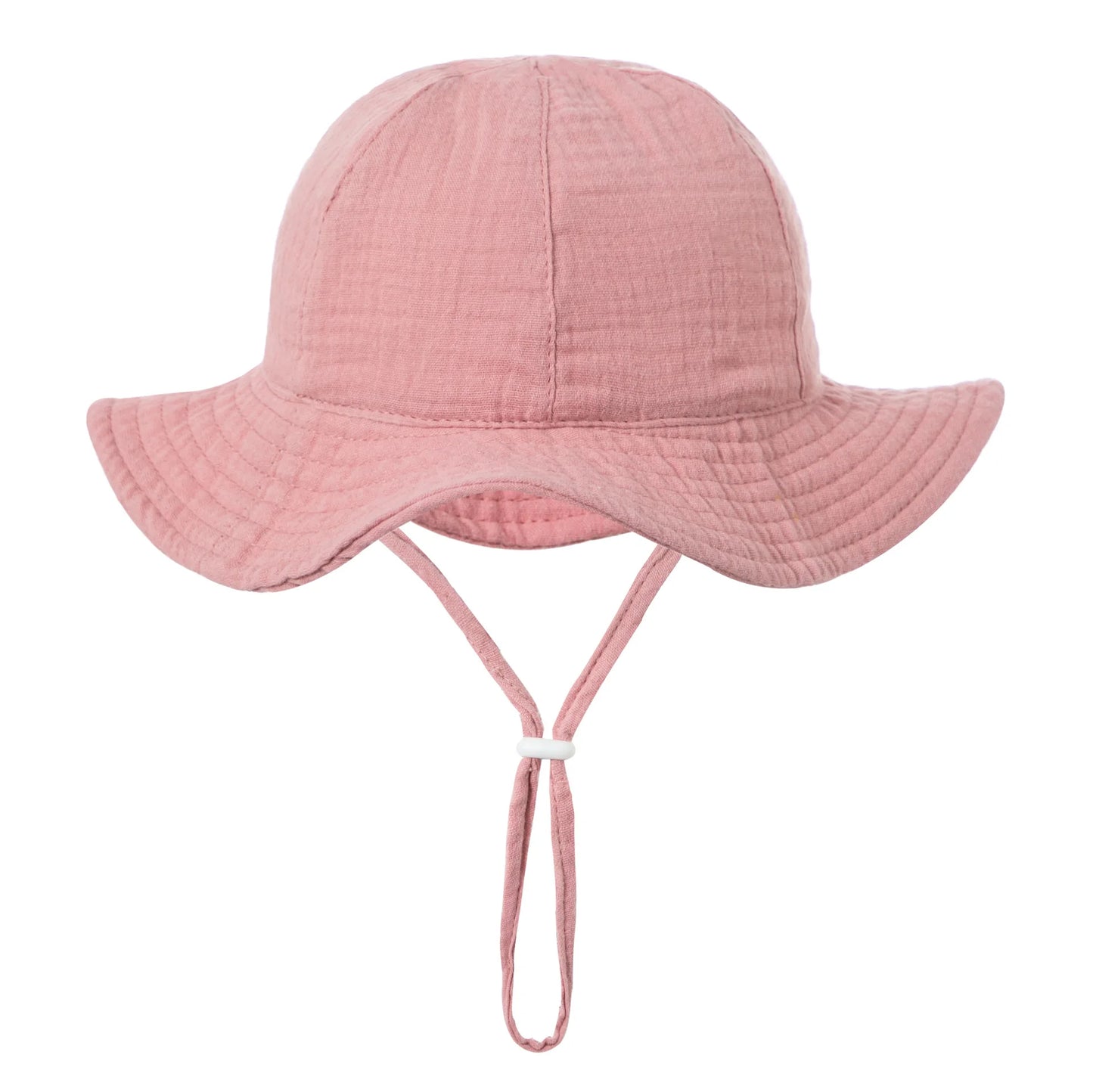 Pink baby cotton sun bucket hat with wide brim and adjustable chin strap for infants and toddlers (3-18M).