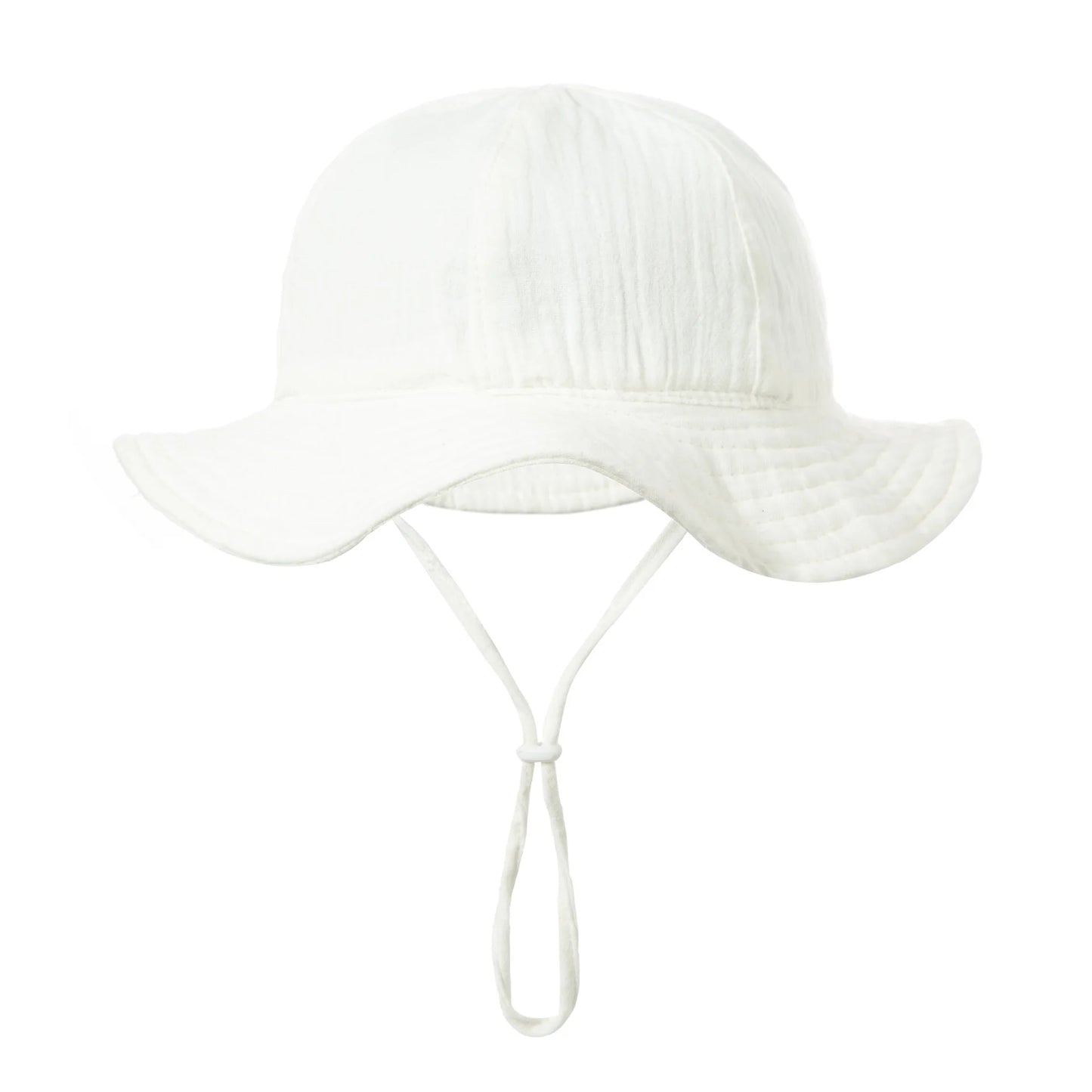 Pure white lightweight cotton infant summer sun hat with adjustable tie strap.