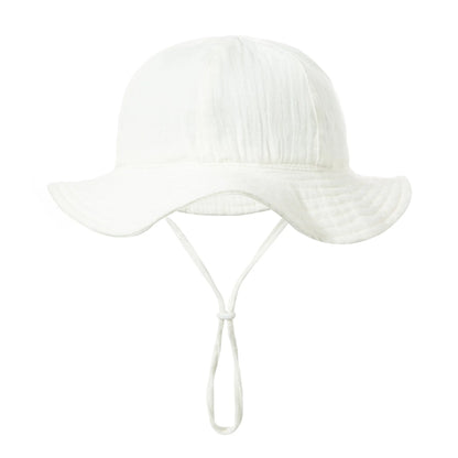 Pure white lightweight cotton infant summer sun hat with adjustable tie strap.