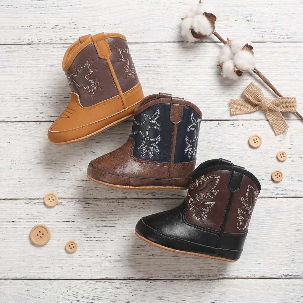 A flat lay of three infant western cowboy boots in different color combinations (tan/brown, brown/navy, and black/brown) featuring classic stitching, arranged on a rustic white wooden surface with a cotton sprig, burlap bow, and wooden buttons.