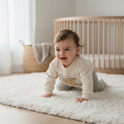A smiling baby crawling on a fluffy white nursery rug wearing the kidsely cookie embroidered sweatshirt and striped pants, with a crib in the background.