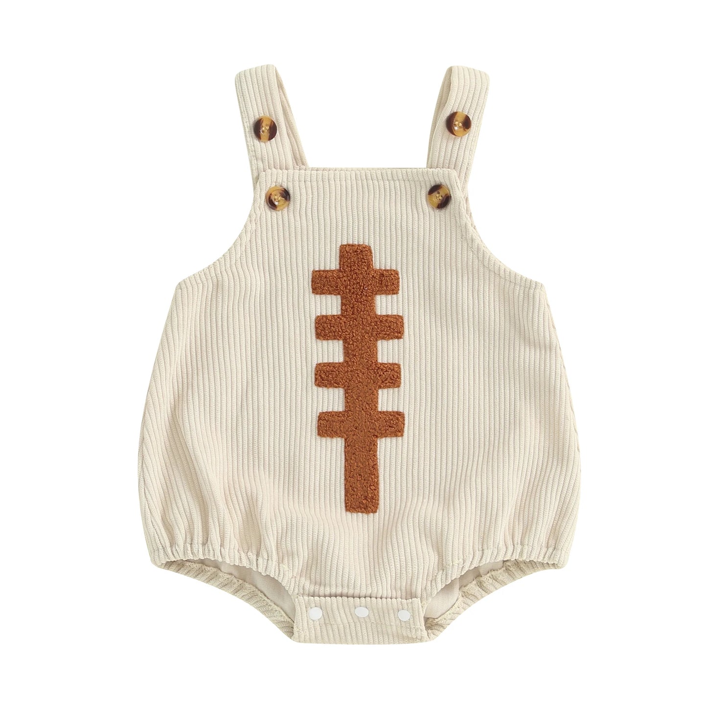 Cream baby girl and boy football embroidered corduroy overall bubble romper