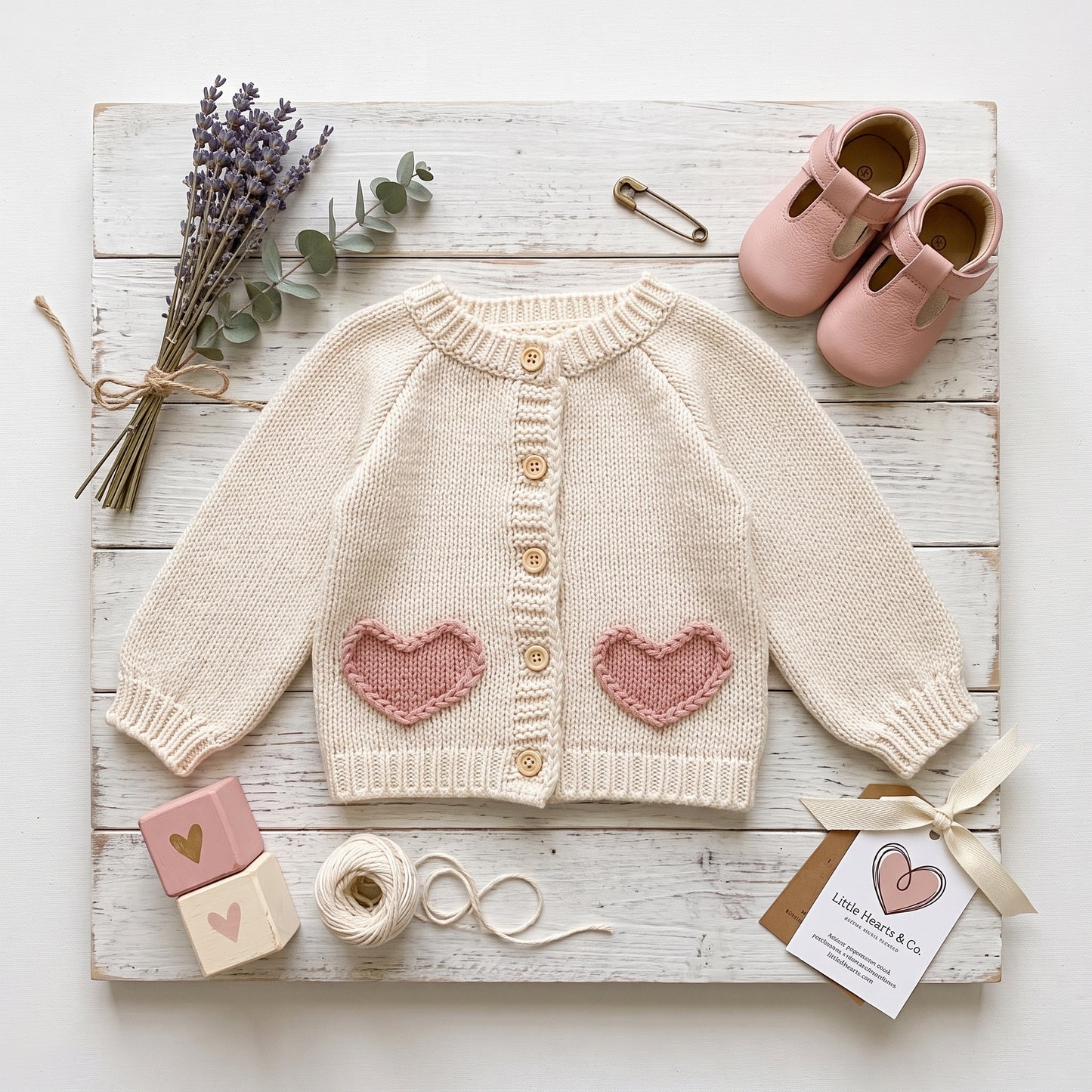 Flat lay of cream baby knit cardigan sweater with pink heart pockets, pink shoes, and dried lavender on a white wooden board.