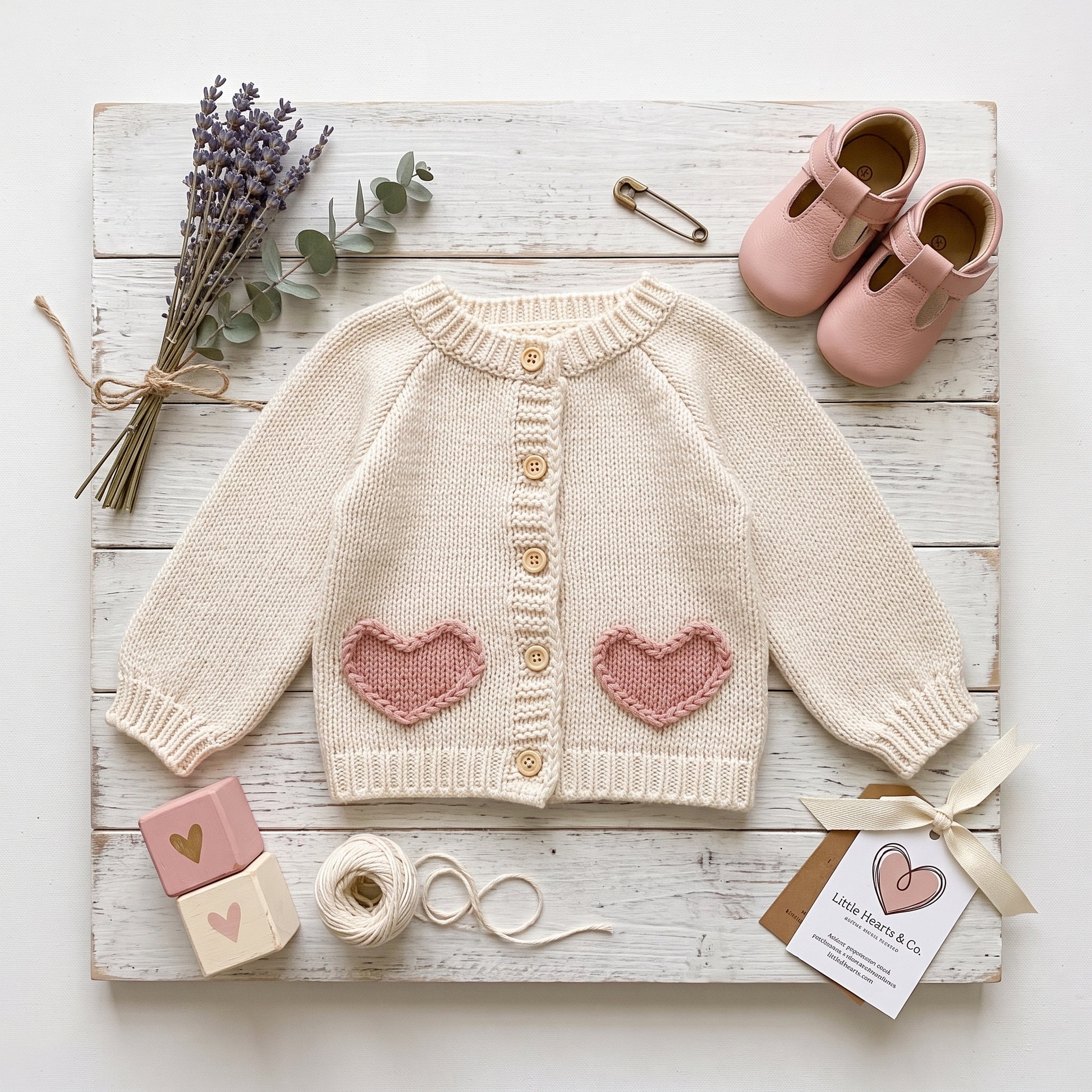 Flat lay of cream baby knit cardigan sweater with pink heart pockets, pink shoes, and dried lavender on a white wooden board.