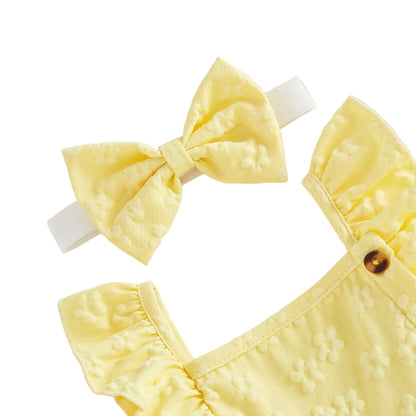 Detailed view of the square neckline, ruffle shoulder straps, and the matching elastic bow headband of the yellow baby princess dress on a white background.