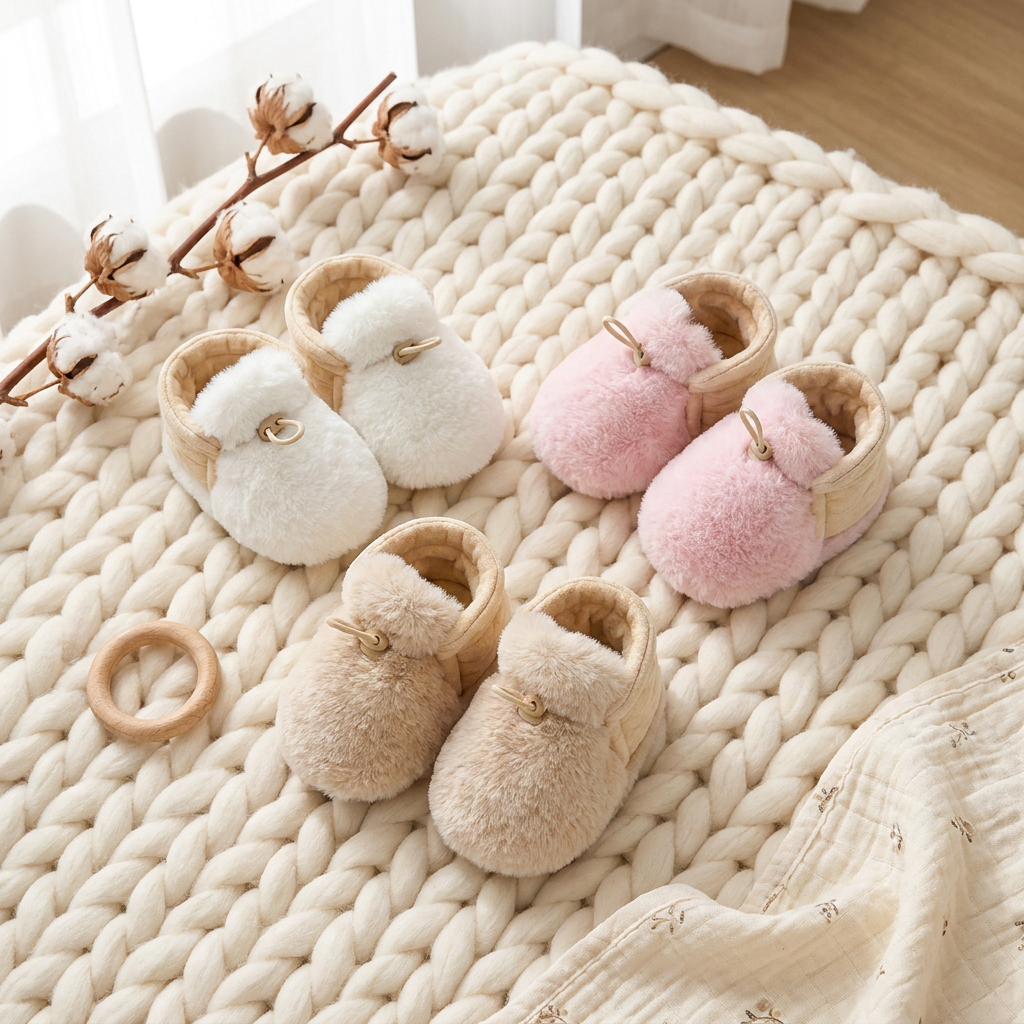 Three pairs of plush infant fleece booties in white, pink, and beige variant colors displayed on a chunky cream knit blanket next to a wooden teething ring.