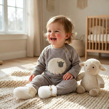 A happy smiling baby sitting on a cozy textured knit blanket in a modern nursery, wearing a gray lamb sweatshirt outfit and plush white fleece baby booties.