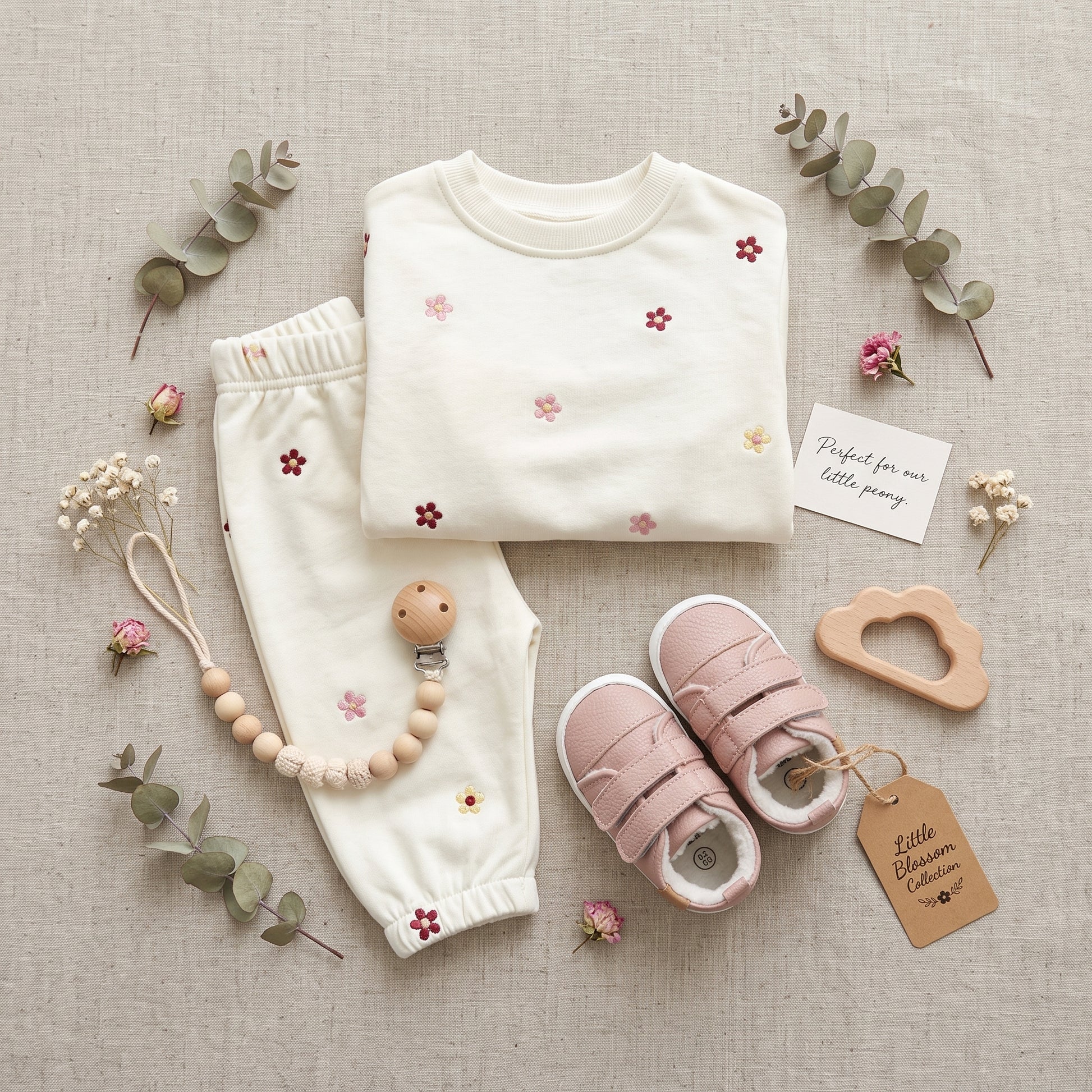 A styled flat lay of the folded off-white floral baby outfit, arranged with small pink shoes, a wooden pacifier clip, a wooden teething toy, a small tag, and sprigs of greenery on a neutral beige surface.