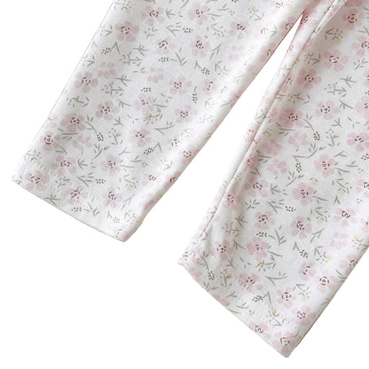 Close-up of the clean hem stitch lines at the ankle openings of the girls' floral print knit leggings.