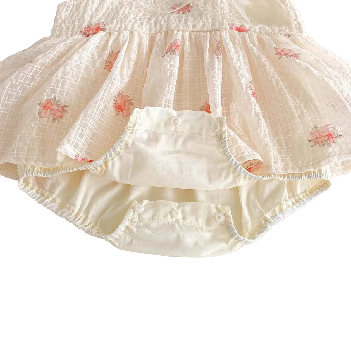 Close-up of the reinforced bottom snap closures on the baby floral sunsuit for easy diaper changes.
