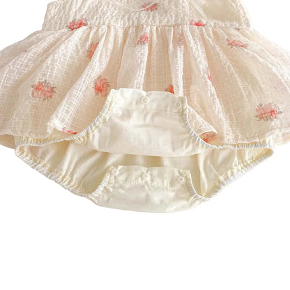 Close-up of the reinforced bottom snap closures on the baby floral sunsuit for easy diaper changes.