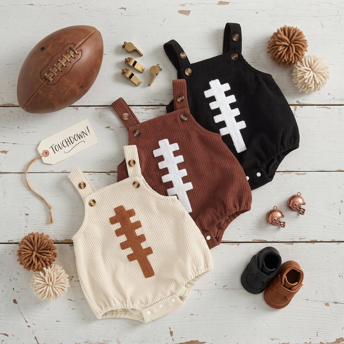 Flat lay of baby football corduroy bubble rompers in brown, black, and cream colors