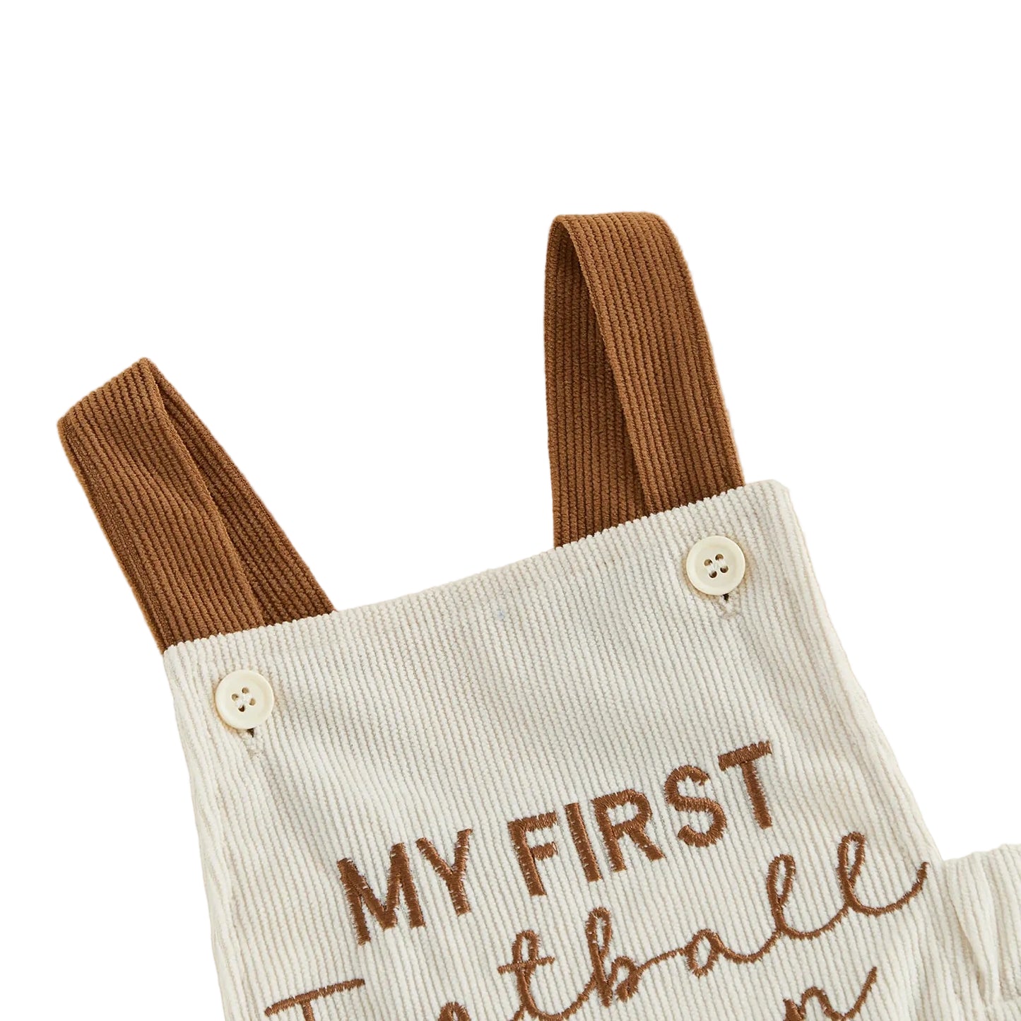 Close-up details of the brown ribbed shoulder straps, button closures, and the high-quality script embroidery reading "My First Football Season".