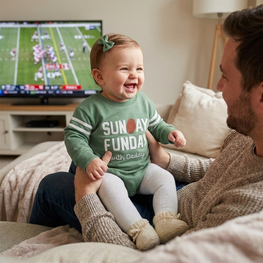 A smiling baby wearing the sage green sports romper while sitting with their dad on a couch during a weekend football watch party.