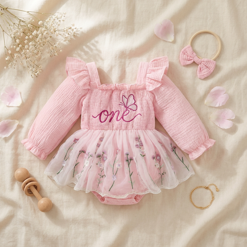 Flat lay of pink embroidered 1st birthday tutu bodysuit dress and bow headband set on a neutral textured backdrop