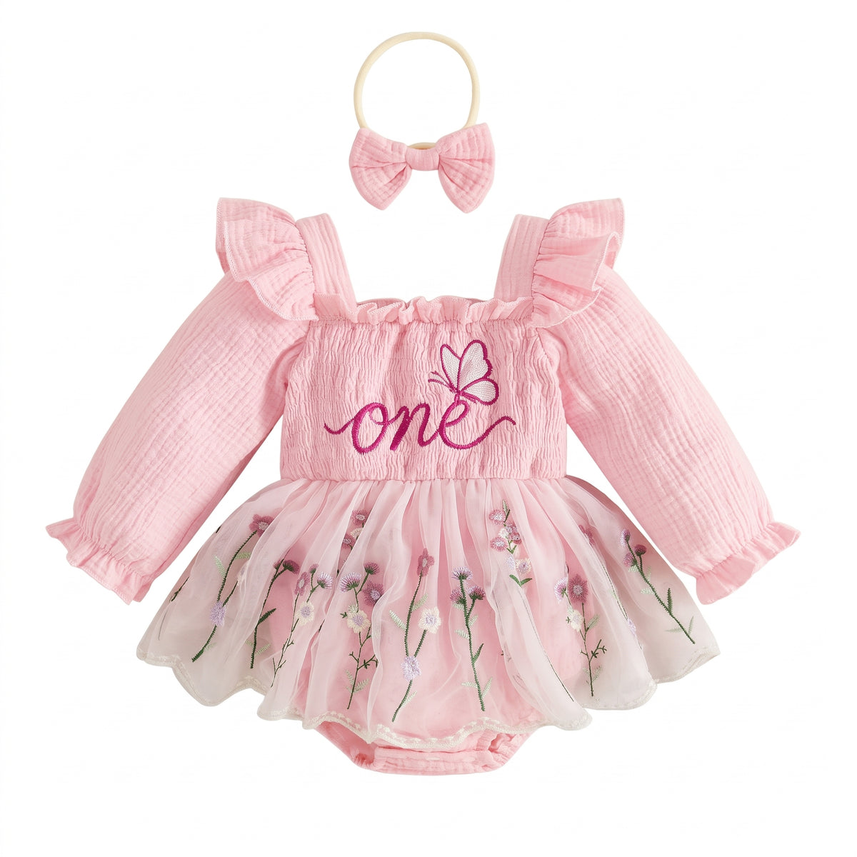 Baby girl pink 1st birthday long sleeve tutu romper dress with embroidered butterfly script and matching bow headband   