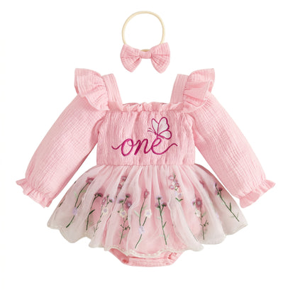 Baby girl pink 1st birthday long sleeve tutu romper dress with embroidered butterfly script and matching bow headband   