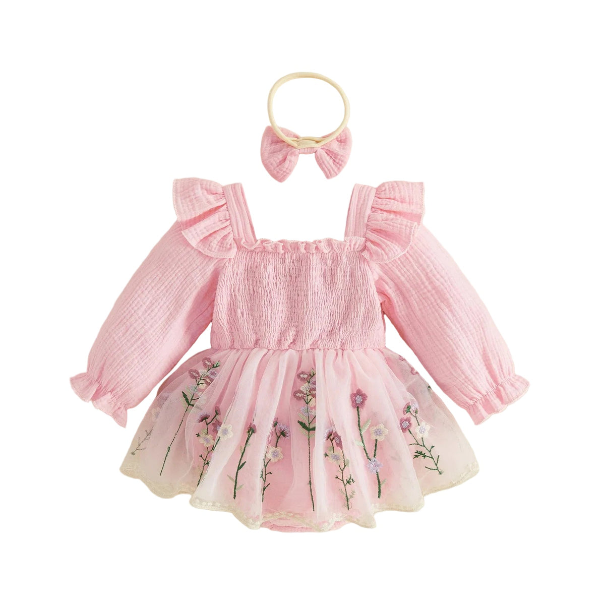 Front view of pink long sleeve butterfly embroidered 1st birthday romper dress with floral mesh tutu skirt and bow headband
