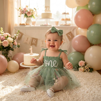 Baby girl wearing the sage green "one" birthday romper during a fairy-themed cake smash photoshoot with balloons and decorations.