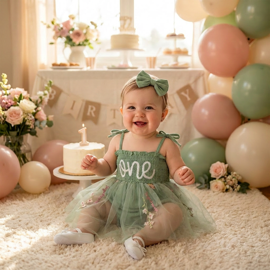 Baby girl wearing the sage green "one" birthday romper during a fairy-themed cake smash photoshoot with balloons and decorations.
