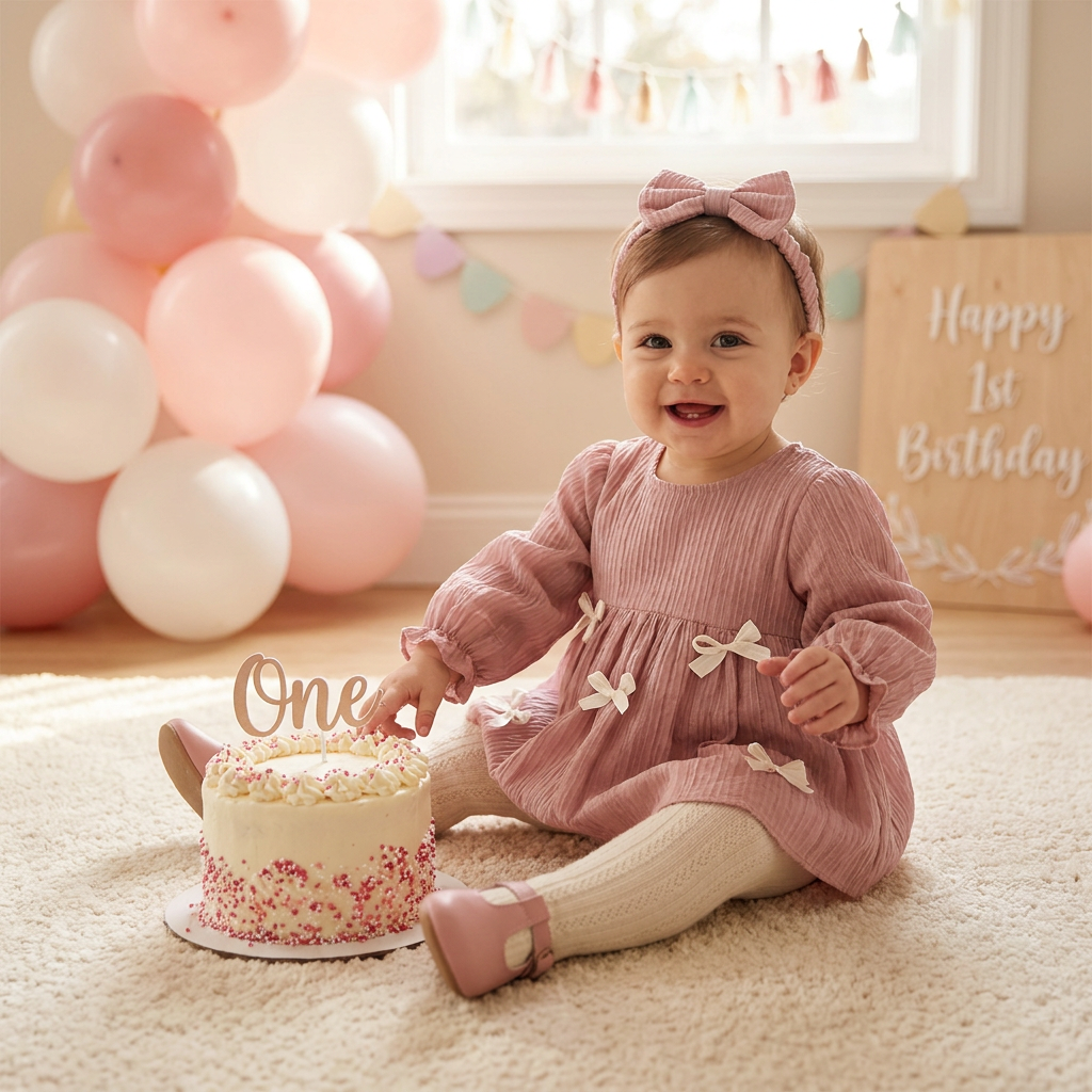 Happy baby girl sitting next to a cake wearing a dusty pink pleated romper dress with bows for her 1st birthday cake smash.