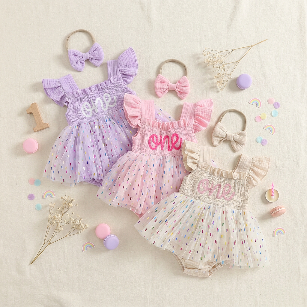 Flat lay of baby girl 1st birthday confetti tutu rompers in lavender, pink, and cream colors with matching headbands.