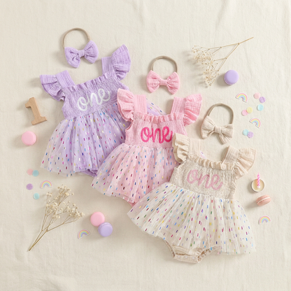 Flat lay of baby girl 1st birthday confetti tutu rompers in lavender, pink, and cream colors with matching headbands.