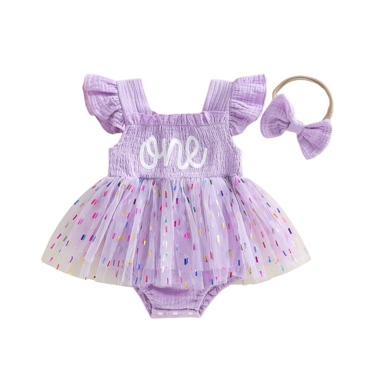 Lavender baby girl 1st birthday confetti tutu romper with matching elastic bow headband.