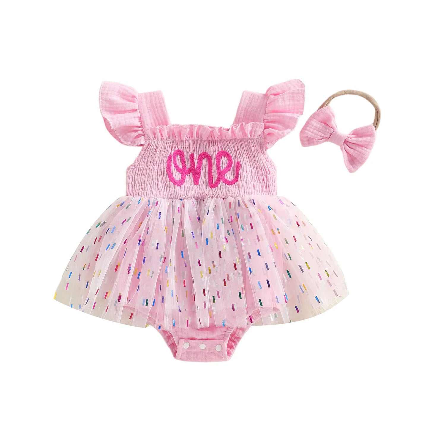 Front view flat lay of the pink 1st birthday confetti tutu romper and headband set.
