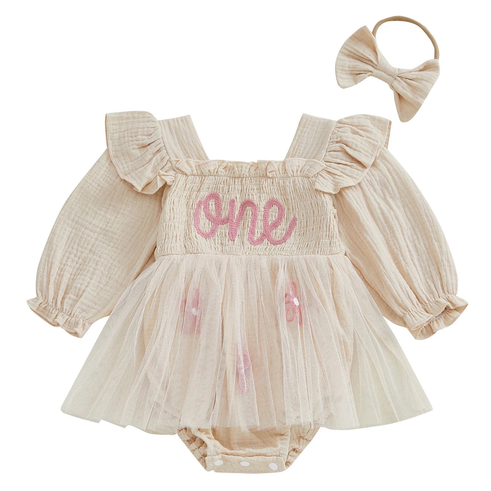 Beige cream baby girl 1st birthday long sleeve smocked romper dress with pink embroidered ONE text and matching headband