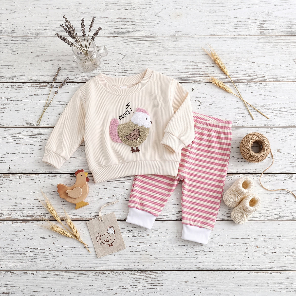 Rustic flat lay of baby girl off-white chicken graphic sweatshirt and pink striped jogger pants set styled on white wood with wooden toys.