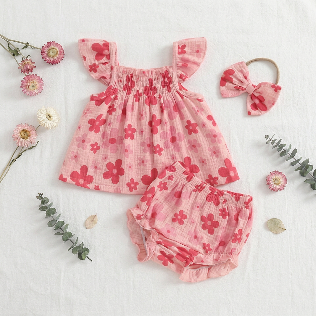 Flat lay product photography of the 3-piece pink floral baby girl summer outfit set styled with decorative pink flowers and green eucalyptus stems.