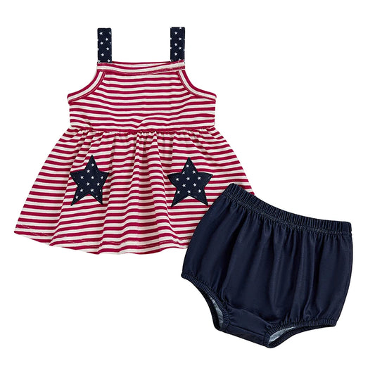 Baby girl 4th of July outfit featuring a red and white striped tank top with navy stars and matching navy blue bloomers.