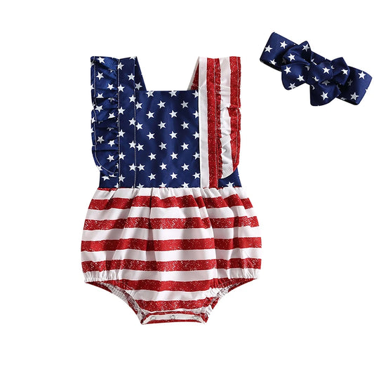 Front view of baby girl 4th of July patriotic stars and stripes ruffle romper with matching bow headband.