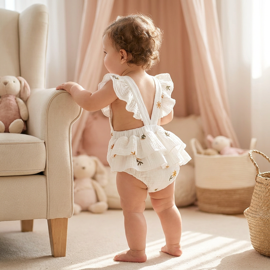 Child in a white floral romper with a ruffle butt design standing in a room with toys and a couch.